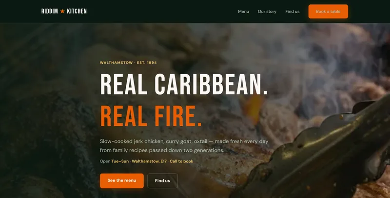 Riddim Kitchen restaurant website design, showing the menu and booking panel